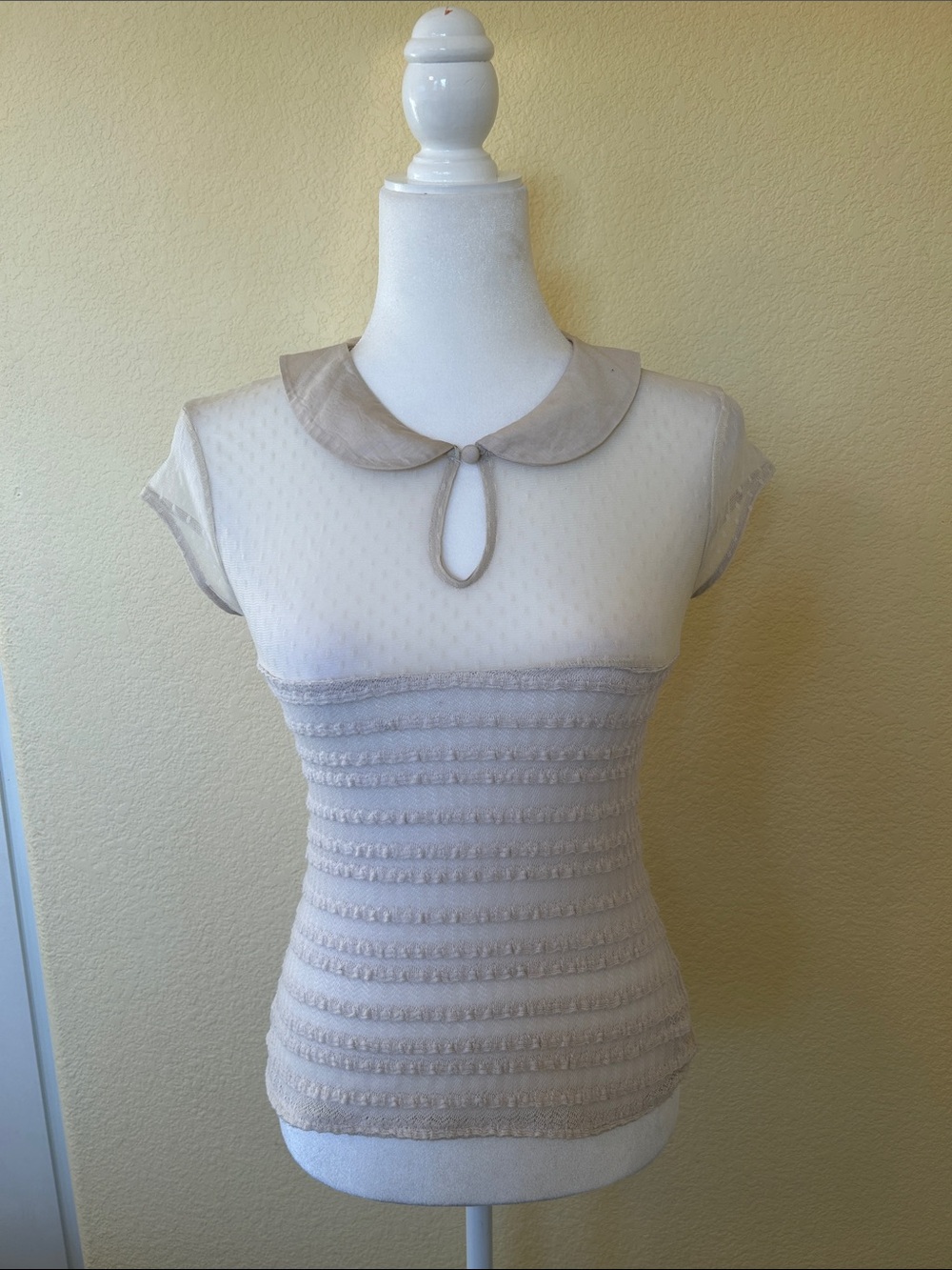 Free People Sheer Peter Pan Collar Top in Beige